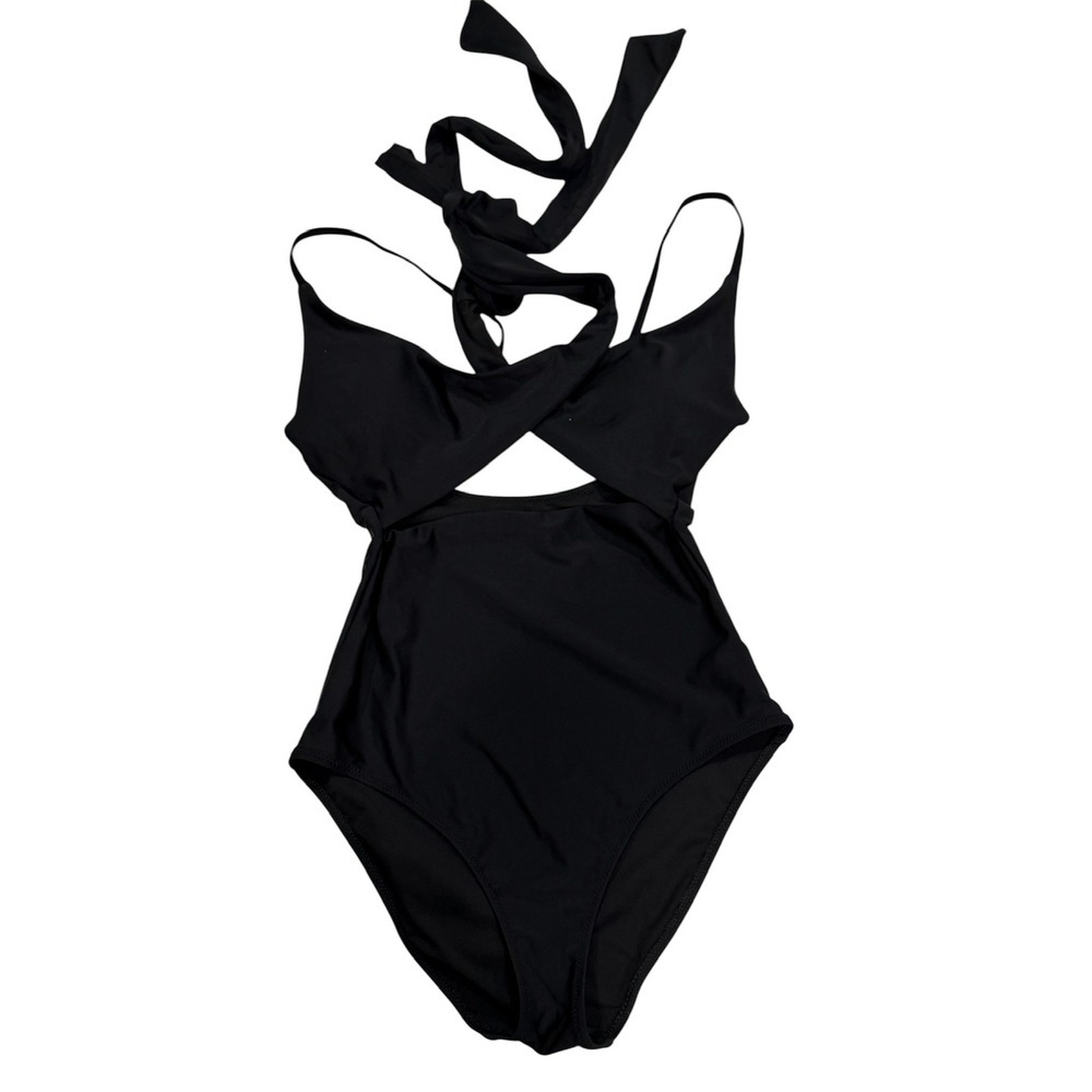 Aerie Black Cutout One Piece Swimsuit Halter Wrap Full Coverage Small Regular